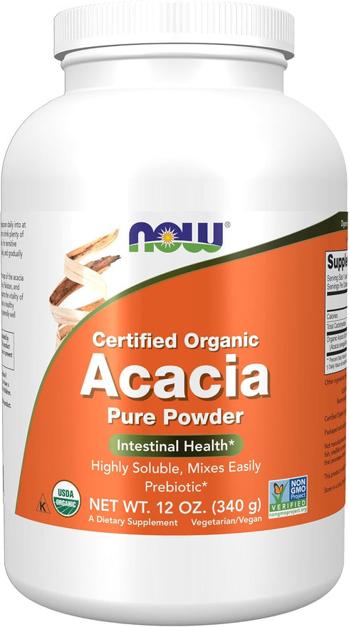 NOW Supplements Acacia Pure Powder | 12-Ounce | Certified Organic, Highly Soluble for Intestinal Health