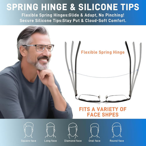 ZERPEET 2 Pack Eyestrain,1.5x Men's Progressive Multifocal Reading Glasses,Rectangle Metal Frame with Spring Hinge