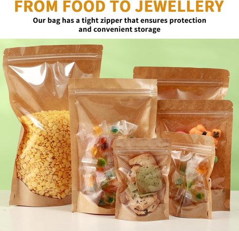 150-Pack Kraft Paper Bags, 6" x 9" Reclosable Small Stand Up Mylar Bags for Food Storage, Resealable Zip Lock