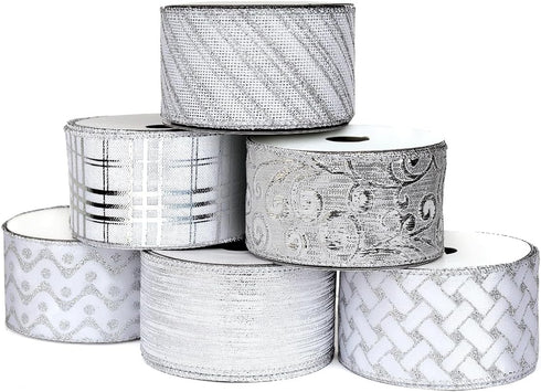 Christmas Ribbon Wired, 6 Rolls 2.5 Inch 36 Yard Silver Sheer Glitter Organza Wired Edge Ribbons for Christmas Tree, Gift Wrapping, Assortment Ribbon for Crafts, DIY, Christmas Tree Ribbon by OLYPHAN