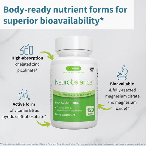 Igennus Neurobalance High Absorption Zinc Magnesium & B6 Complex, Cognitive Support, 120 Tablets