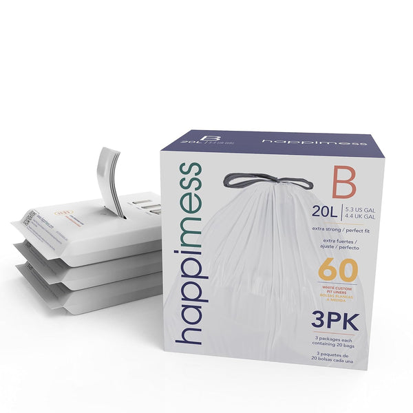 happimess HPM3000B-WHITE 5.3 Gallon Kitchen Drawstring Trash Bags, 60-Count, 3-Packs of 20 Liners