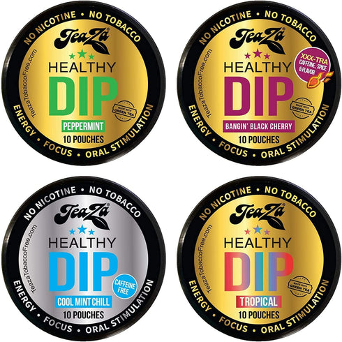 NEW Teaza Herbal Energy Pouch - Mixed (4 Pack) - Peppermint, Tropical, Cool Mint Chill, Banging Black Cherry