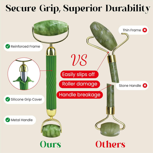 Rena Chris Face Roller & Gua Sha Set, Natural Jade Massage Tools for Jawline Sculpting and Puffiness Reducing