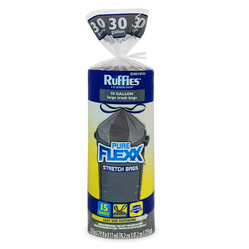 Ruffies Large Trash Bags, 30 Gallon, 15 Bags, 1.1 Mil, Drawstring, Unscented, Black