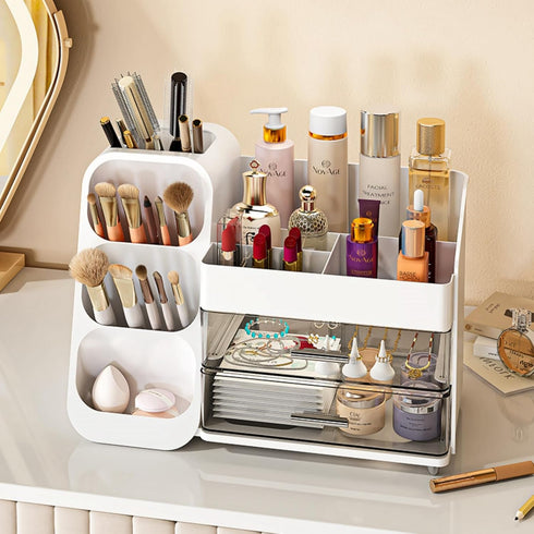 Large Capacity Makeup Organizer with Drawers for Vanity, Bathroom & Bedroom Desk, Easy Storage for Cosmetics, White