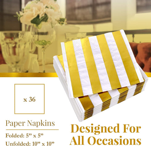 SILVER SPOONS Gold Napkins for Wedding Reception - 36 Piece, 5” x 5” 3-ply Cocktail Napkins for Party, Stripe Design