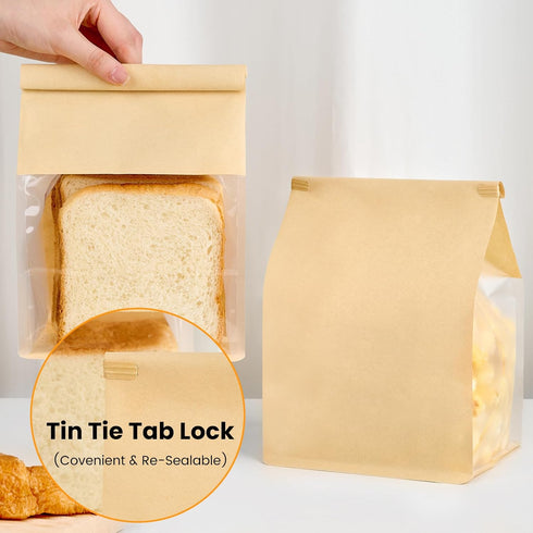 Ocmoiy 100 Pack 6.3x5.1x10.3 Inches Packaging Bread Bags for Homemade Breads, Resealable Tin Tie Tab Lock Bakery Bags
