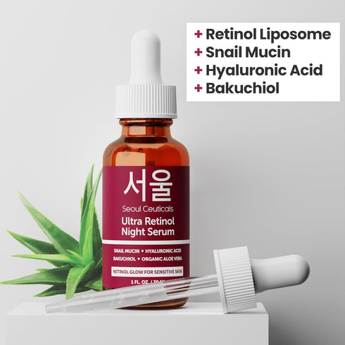 SeoulCeuticals 1% Korean Retinol Night Serum for Face - 97.5% Snail Mucin + Hyaluronic Acid + Bakuchiol, 1oz