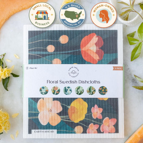Set 6 Pack Swedish Dishcloths Floral Designs Gift Reusable Compostable Cellulose Sponge Cloth Eco-Friendly Paper Towel