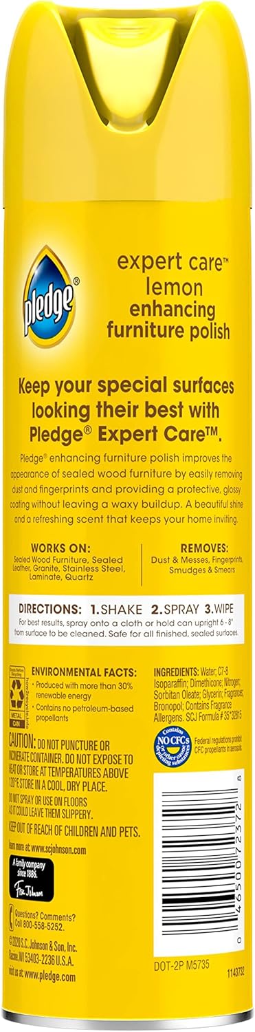 Pledge Expert Care Wood Polish Spray, 9.7 oz, Shines and Protects, Removes Fingerprints, Lemon, Pack of 3