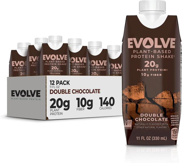 Evolve Plant Based Protein Shake, Double Chocolate, 20g Vegan Protein, Dairy Free, Non-GMO, 10g Fiber, 11 Fl Oz (12 Pack)
