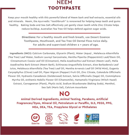 Desert Essence Natural Neem Toothpaste - Cinnamint - 6.25 Oz - Pure Essential Oil, Baking Soda, Sea Salt