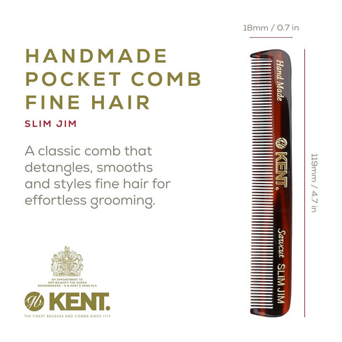 Kent Slim Jim Handmade All Fine Tooth Pocket Comb for Men, Hair Comb for Everyday Grooming