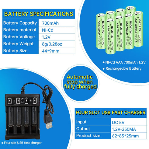 Fytoo 8PCS 1.2V 700mAh Ni-Cd AAA Battery with USB Charger for Wireless Microphone, Electric Toys, RC Mouse, Calculator,