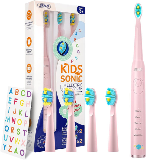 SEAGO Kids Electric Toothbrush, Sonic Soft Bristle Rechargeable, 5 Modes, Includes 4 Replacement Brush Heads, Ages 3-12