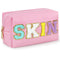 Preppy Makeup Bag - Synthetic Leather Cosmetic Bag with SKIN Chenille Letter for Skincare, Gift Idea