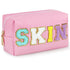 Preppy Makeup Bag - Synthetic Leather Cosmetic Bag with SKIN Chenille Letter for Skincare, Gift Idea