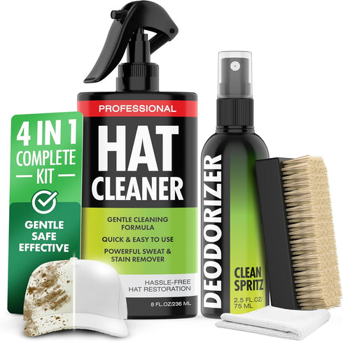4-in-1 Professional Hat Cleaning Kit, Gentle Cleaner for Baseball Caps, Cowboy & Felt Hats with Deodorizer and Brush
