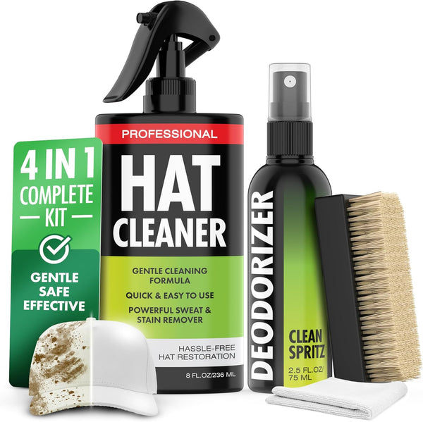 4-in-1 Professional Hat Cleaning Kit, Gentle Cleaner for Baseball Caps, Cowboy & Felt Hats with Deodorizer and Brush