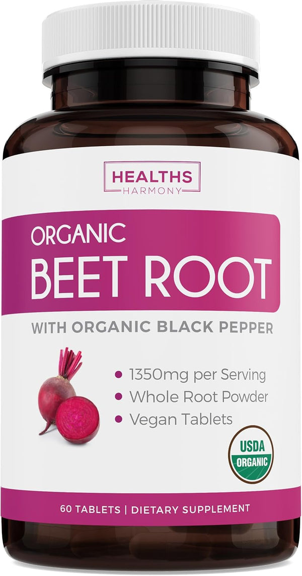 USDA Organic Beet Root Powder, 60 Tablets, 1350mg Beets with Black Pepper for Extra Absorption, Athletic Performance