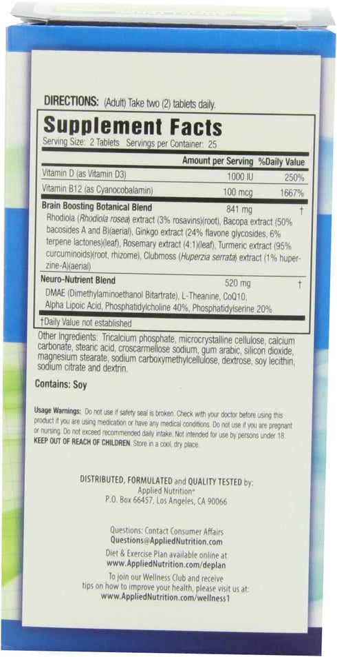 Applied Nutrition Healthy Brain All-Day Focus, 50 Tablets, 3-in-1 Brain Booster