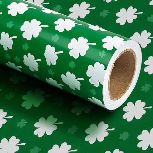 ZRLABL St. Patrick's Day Wrapping Paper Roll, Green and White Clover Pattern, Premium