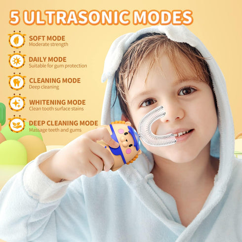 RexCodar Kids Electric Toothbrushes, U Shaped Ultrasonic Rechargeable Toothbrush with 4 Brush Heads, IPX7