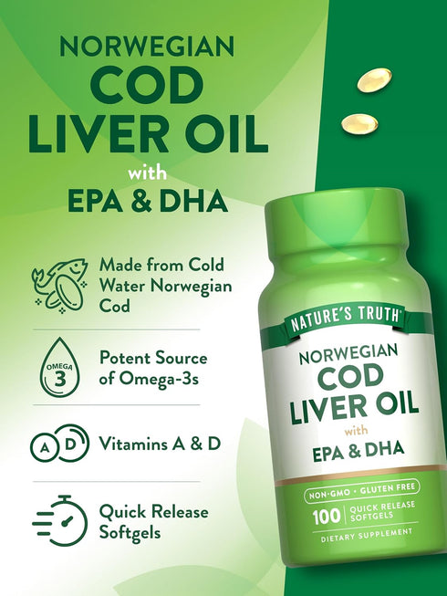 Nature's Truth Norwegian Cod Liver Oil | 100 Softgels with EPA & DHA | Non-GMO, Gluten Free Supplement