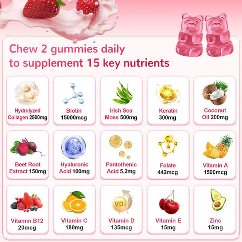 Sugar Free Collagen Gummies for Women Men, 2500mg Collagen with Biotin Sea Moss Vitamin C Zinc for Hair Skin Nails Muscle & Joint, Immunity - 60 Strawberry Flavored Supplement