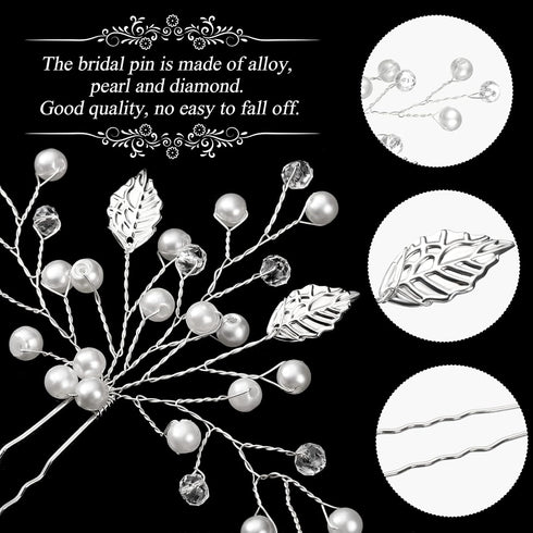 WILLBOND 8 Pcs Bride Wedding Pearls Hair Pins - Bridal Leaf Flower Wedding Hair Accessories Rhinestone Bridesmaid U