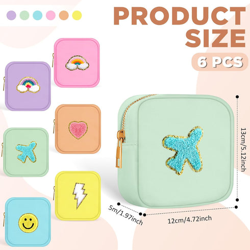 Zubebe 6 Pcs Preppy Patch Cute Makeup Bags Toiletry Bags Skincare Bag Chenille Letter Nylon Bag for Purse Small Zipper Cosmetic Makeup Pouch Preppy Things for Travel (Fresh Color)