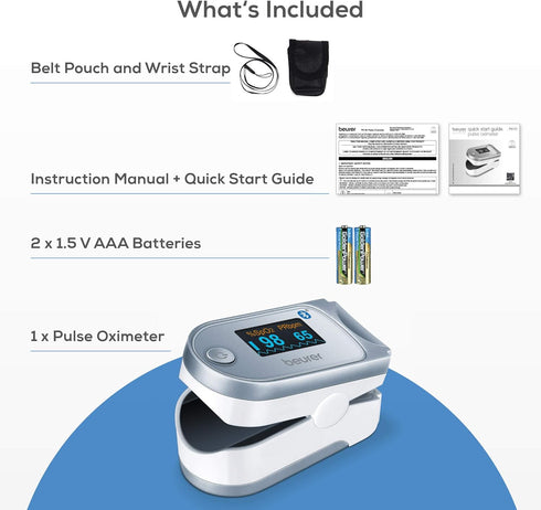 Beurer Bluetooth Digital Fingertip Pulse Oximeter, Blood Oxygen Saturation & Pulse Rate Monitor with Accessories, 1