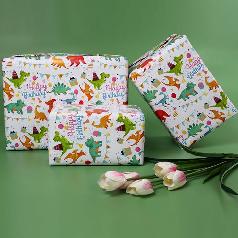 Wrap,17 inch 120 inch RayofSun Gift Wrapping Paper Roll,Cute Dinosaurs Happy Birthday Wrapping Paper for Boys,Wrapping