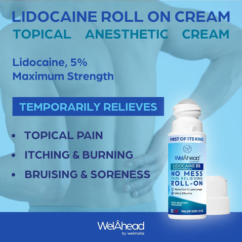 WelAhead 5% Lidocaine Roll On | Maximum Strength Topical Pain Relief with Aloe Vera | Fast Acting | No Mess Applicator