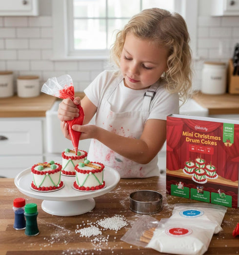 Set Mini Christmas Drum Cakes STEM Baking Kit for Kids Holiday Educational Cooking Activity with Ingredients, Tools