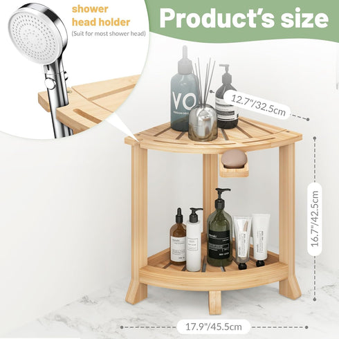 2-in-1 18 Inch Bamboo Shower Stool with Storage Shelf, Corner Stool & Foot Rest, Non-Slip Waterproof Bathroom Seat