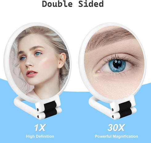30x Magnifying Mirror, Travel Hand Mirrors with Handle - Double Side Handheld Mirror with 1X 30X Magnification & Adjustable Handle, Hand Held Foldable Travel Mirror for Makeup(Pearl White) by Sifolo