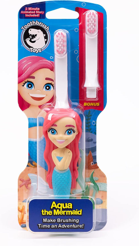 Kids Manual Toothbrush for 2-10 Year Old - Aqua The Mermaid | Soft Bristles, Easy Grip Handle, Bonus Brush Head