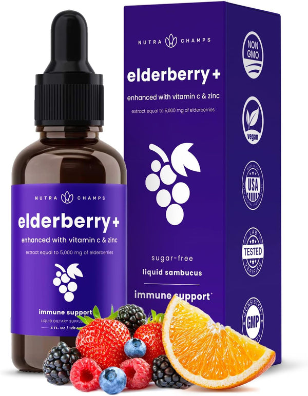 NutraChamps Organic Elderberry Syrup, 5000mg Elderberry Extract with Vitamin C & Zinc, Sugar-Free Immunity Booster