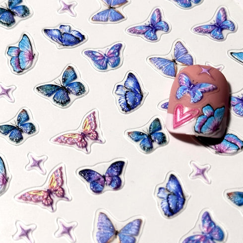 Butterfly Nail Art Stickers, 5D Self-Adhesive Spring Nail Stickers, Blue Pink 3D Embossed Nail Design