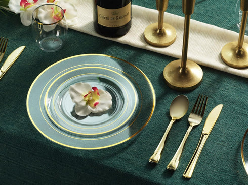 125 Piece Gold Dinnerware Party Set, Includes 50 Gold Rim Clear Plastic Plates, 25 Knives, Forks, and Spoons