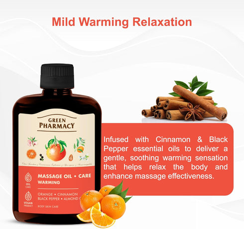 Warming Massage Oil Cinnamon, Black Pepper & Orange Essential Oils Mild Heating Effect for Relaxation & Circulation
