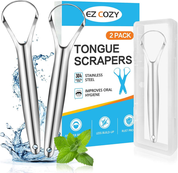 2 Pack Metal Tongue Scraper for Adults, Stainless Steel Cleaner with Travel Case, Reusable for Oral Care