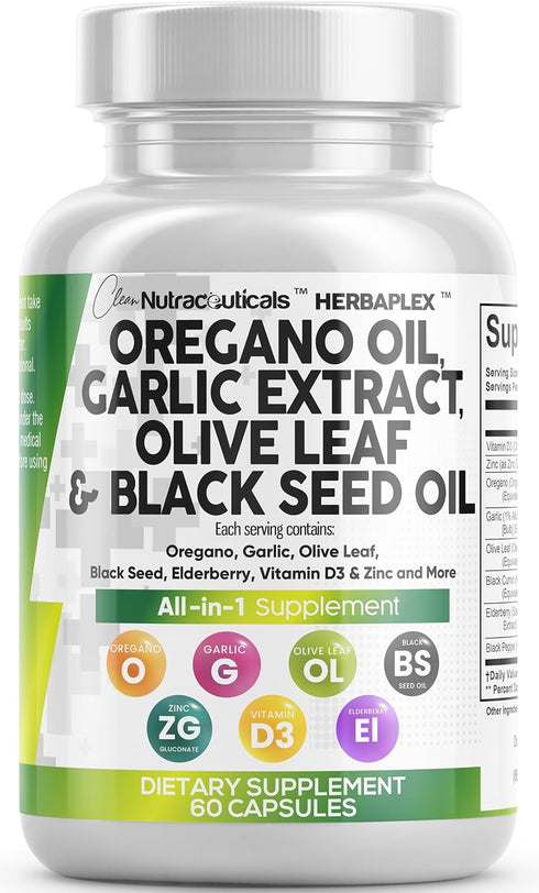 Oregano Oil 6000mg, Garlic Extract 4000mg & More - Immune Support & Digestive Health - 60 Caps
