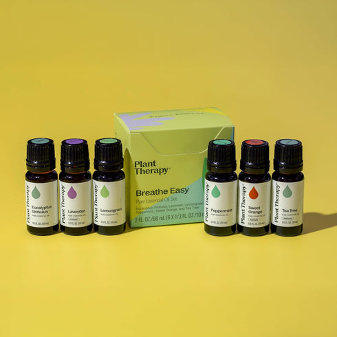 Set 6 10 mL (1/3 oz) 100% Plant Therapy Breathe Easy Essential Oil of Bottles Each, Lavender, Eucalyptus, Peppermint