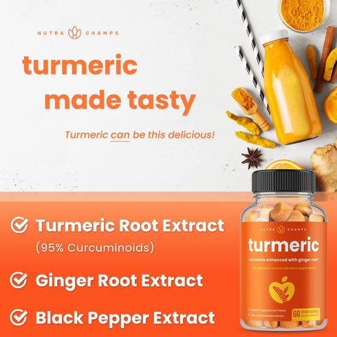 NutraChamps Turmeric Gummies for Adults & Kids, Ginger & Black Pepper Extract, Vegan Natural Curcumin Supplement