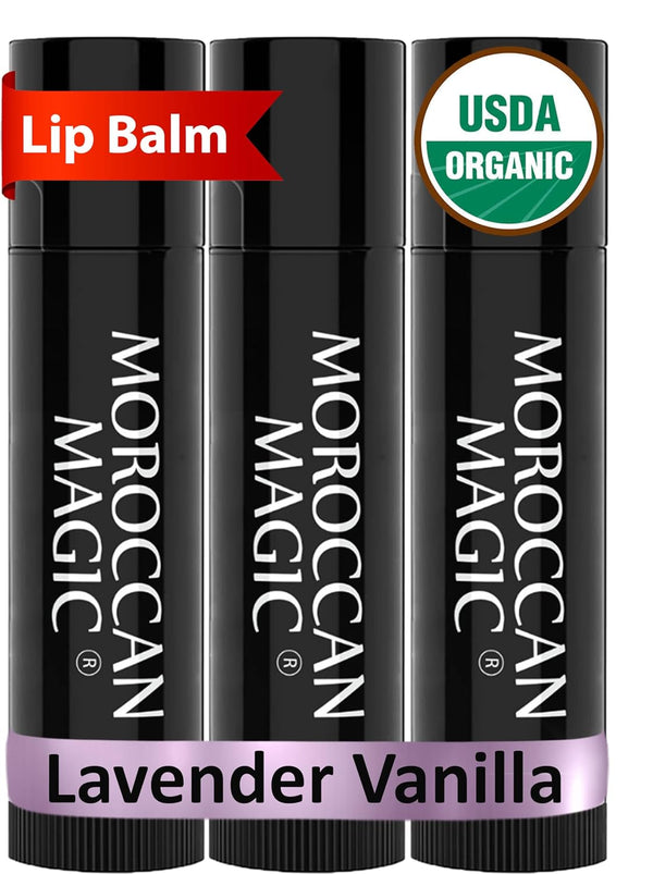 Moroccan Magic Organic Lavender Vanilla Lip Balm, 3 Pack, Ultra-Hydrating Argan & Essential Oil Moisturizer