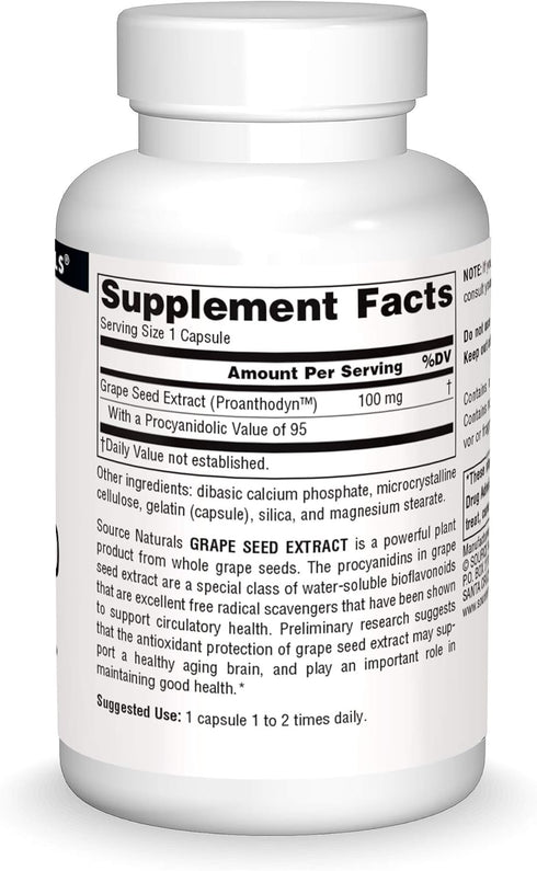 Source Naturals Grape Seed Extract 100 mg, Protects & Supports Healthy Aging Brain* - 60 Capsules