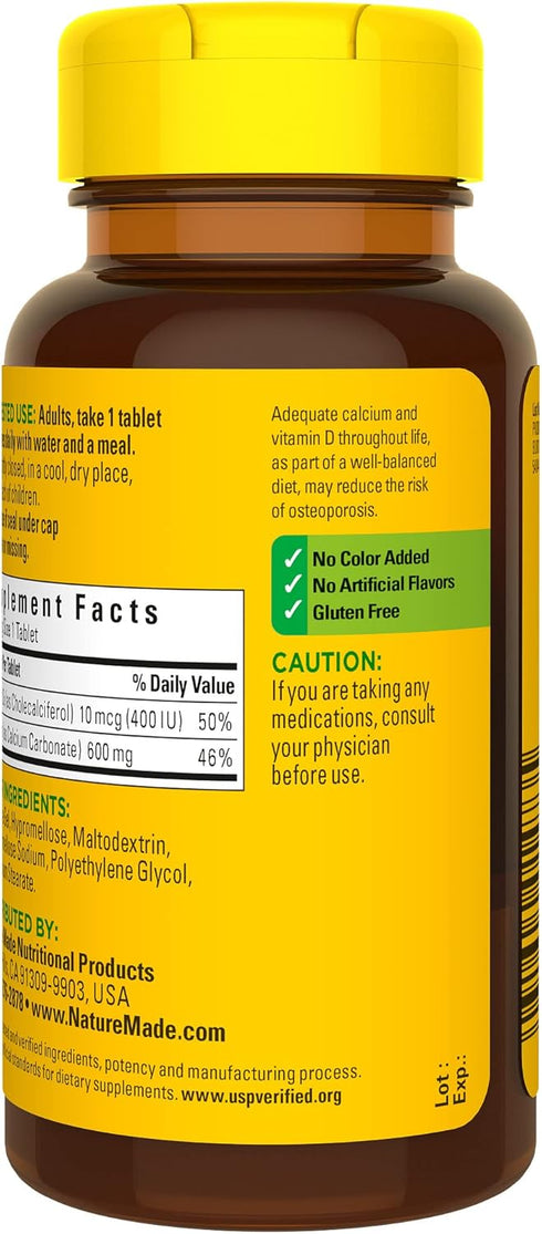 Nature Made Calcium 600 mg with Vitamin D3, 60 Tablets, Dietary Supplement for Bone Support